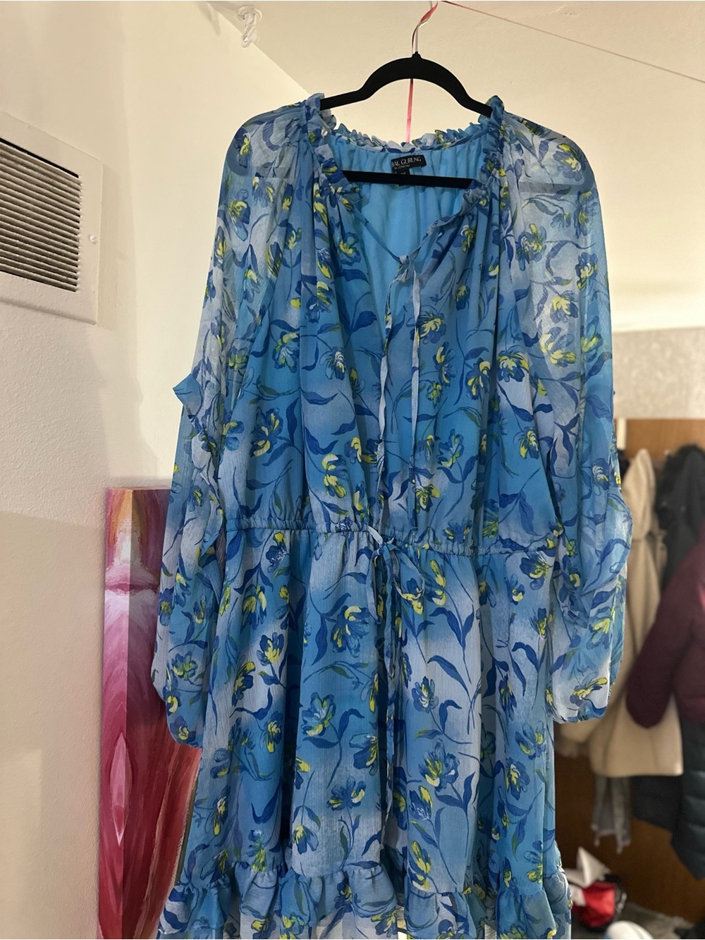 Prabal Gurung Light Blue Floral Sheer Ruffle Dress